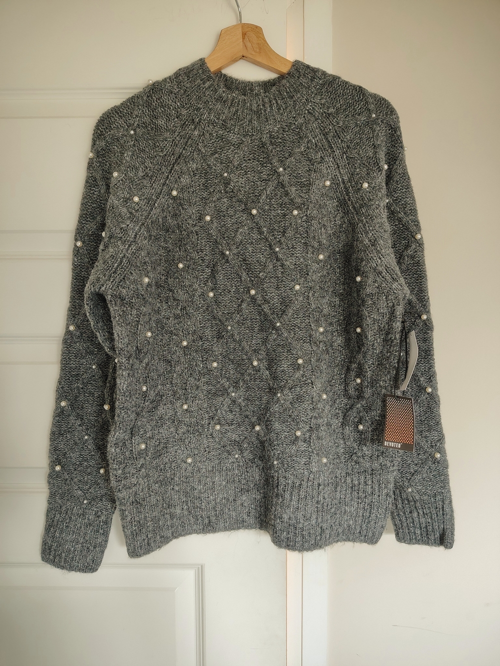 Pearl-Trim Heather Gray Crewneck Sweater - Women